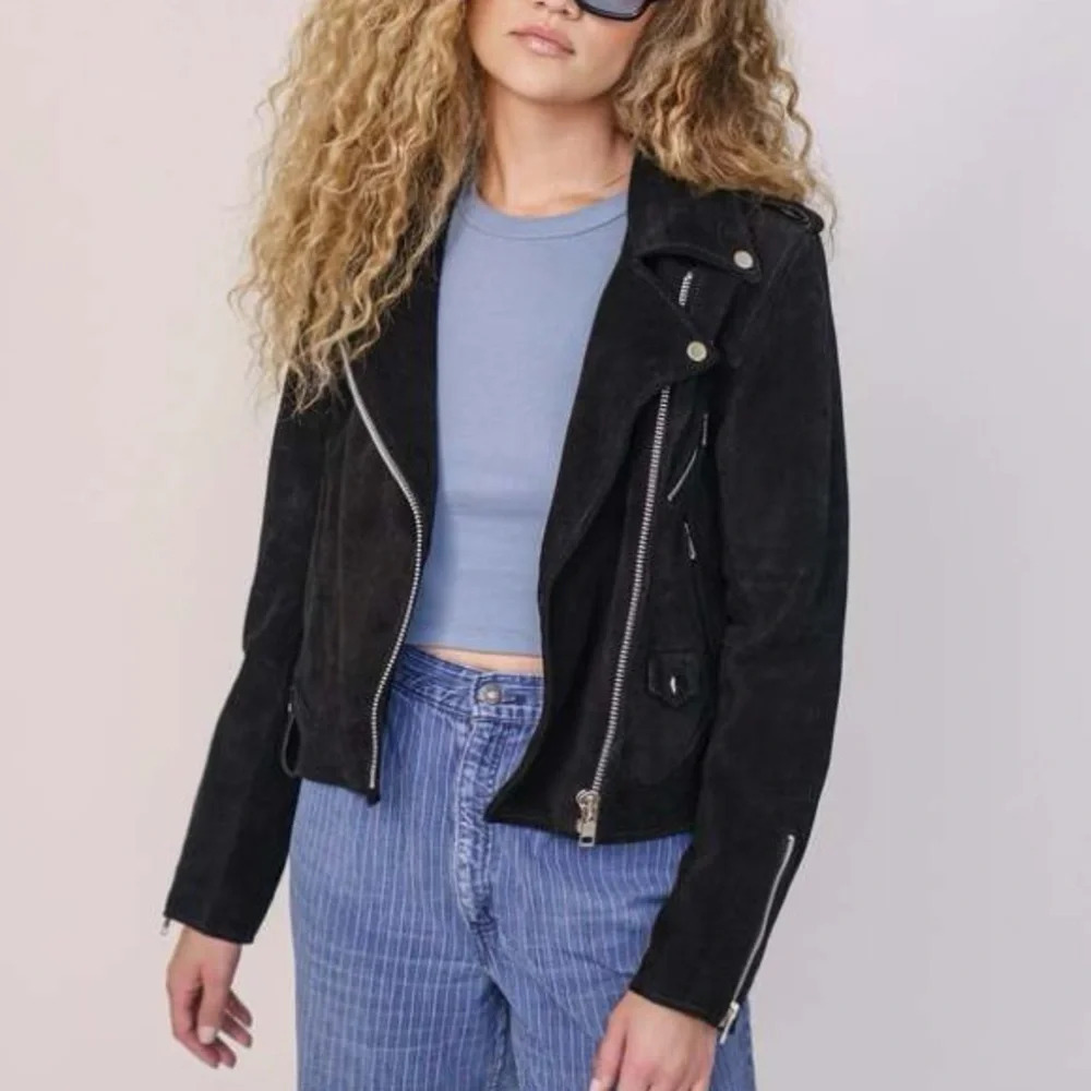 New Understated Leather Afterglow Distressed Suede Leather Moto Jacket Black Sm